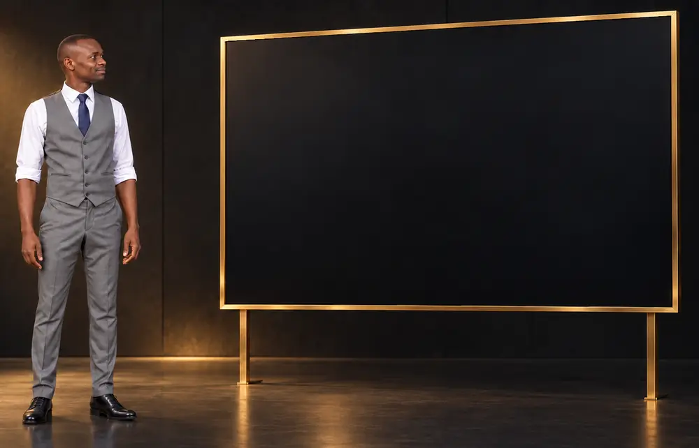 Vincent Chido King stands beside a smoked glass screen in a warmly lit room, watching the chart