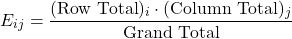  \[ E_{ij} = \frac{(\text{Row Total})_i \cdot (\text{Column Total})_j}{\text{Grand Total}} \] 